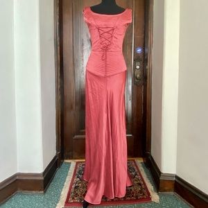 Vintage Liquid Satin Fitted Coral Pink Corset Gown Maxi Dress Hollywood